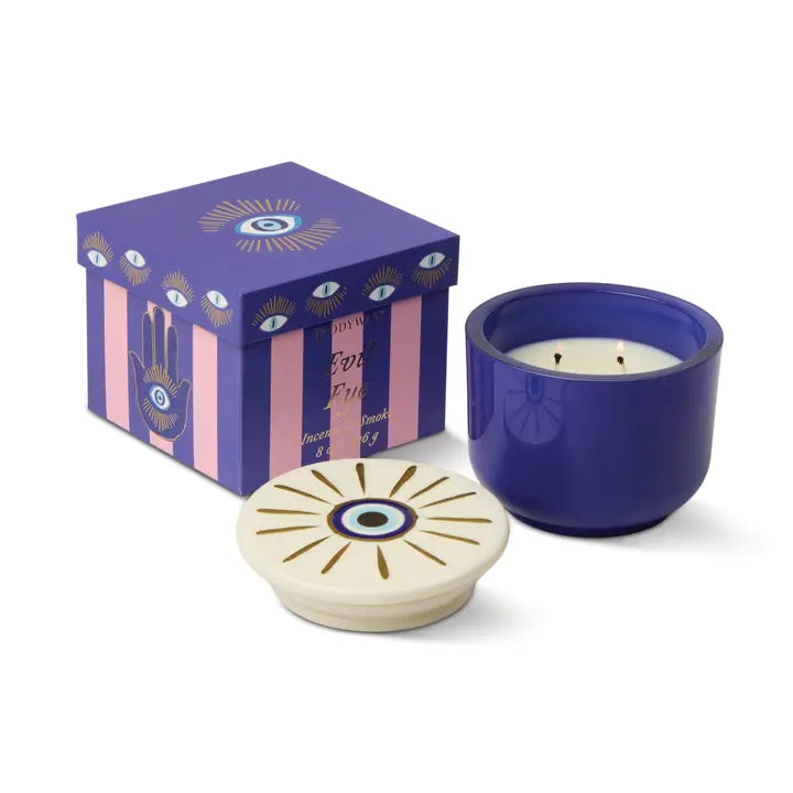 Charmed  8oz/226g  Blue  Glass  Candle  with  Evil Eye Ceramic Lid - Incense & Smoke